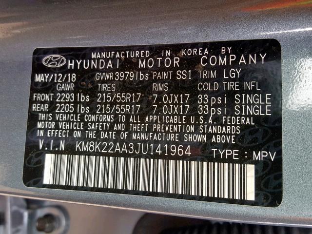 KM8K22AA3JU141964 - 2018 HYUNDAI KONA SEL GRAY photo 10