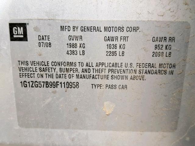 1G1ZG57B99F110958 - 2009 CHEVROLET MALIBU LS SILVER photo 10