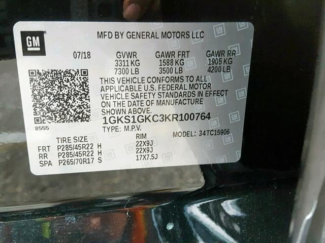 1GKS1GKC3KR100764 - 2019 GMC YUKON XL C BLACK photo 10