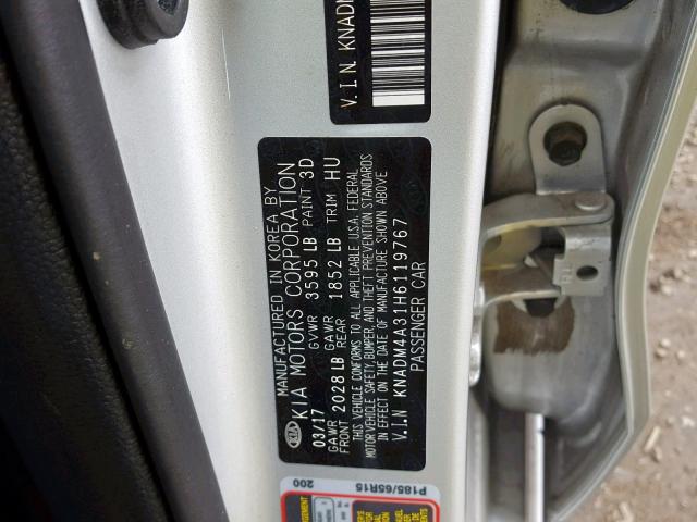 KNADM4A31H6119767 - 2017 KIA RIO LX SILVER photo 10