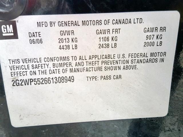 2G2WP552661308949 - 2006 PONTIAC GRAND PRIX BLACK photo 10