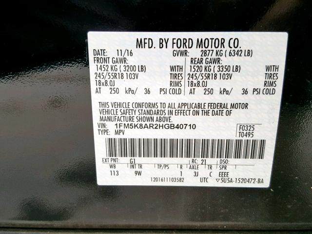 1FM5K8AR2HGB40710 - 2017 FORD EXPLORER P BLACK photo 10