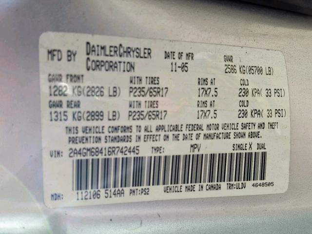 2A4GM68416R742445 - 2006 CHRYSLER PACIFICA T SILVER photo 10