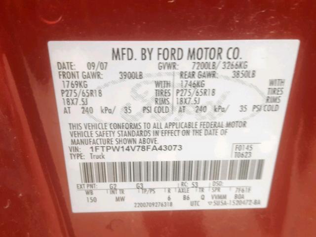 1FTPW14V78FA43073 - 2008 FORD F150 SUPER MAROON photo 10