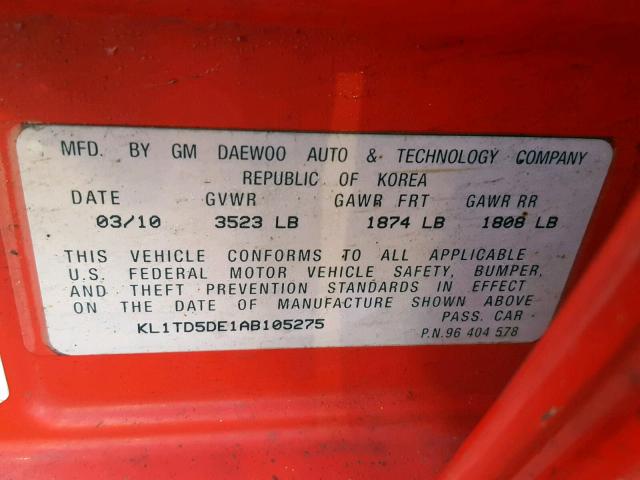 KL1TD5DE1AB105275 - 2010 CHEVROLET AVEO LS RED photo 10