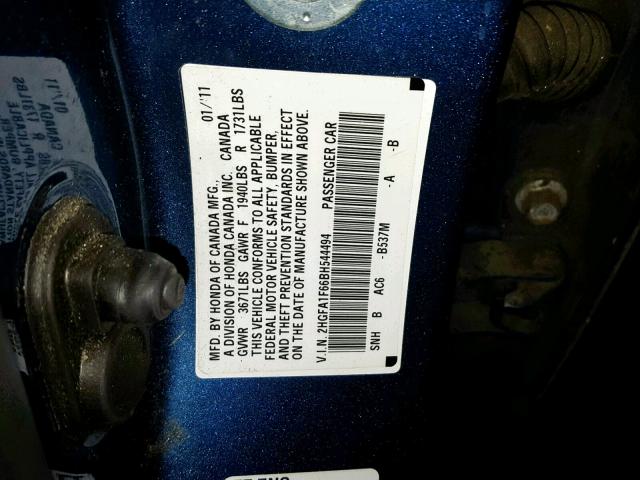 2HGFA1F66BH544494 - 2011 HONDA CIVIC LX-S Կապույտ լուսանկար 10