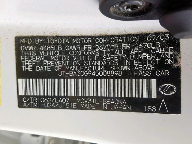 JTHBA30G945008898 - 2004 LEXUS ES 330 WHITE photo 10