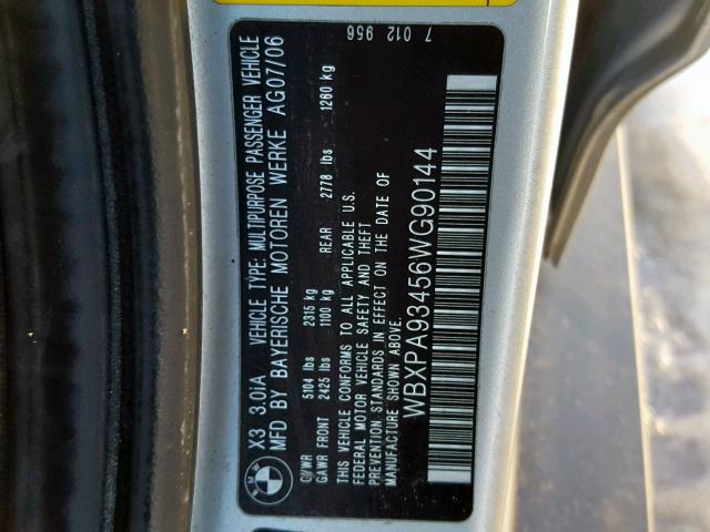 WBXPA93456WG90144 - 2006 BMW X3 3.0I SILVER photo 10