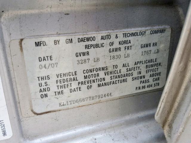 KL1TD66677B792444 - 2007 CHEVROLET AVEO BASE Күміс фото 10