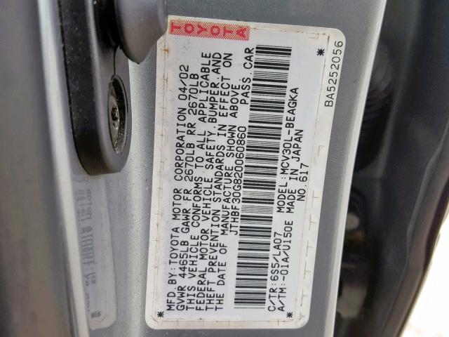 JTHBF30G820060860 - 2002 LEXUS ES 300 SILVER photo 10