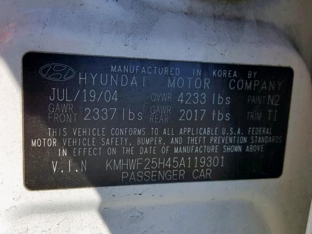 KMHWF25H45A119301 - 2005 HYUNDAI SONATA GL WHITE photo 10