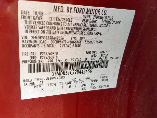 2FMDK51C59BA42656 - 2009 FORD FLEX SE RED photo 10