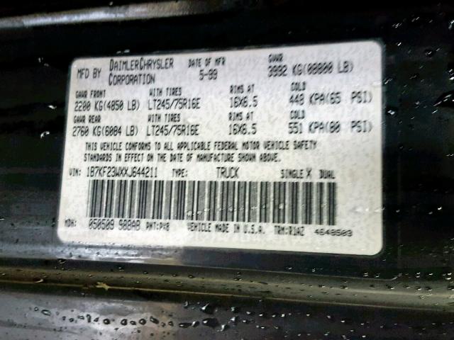 1B7KF23WXXJ644211 - 1999 DODGE RAM 2500 BLACK photo 10