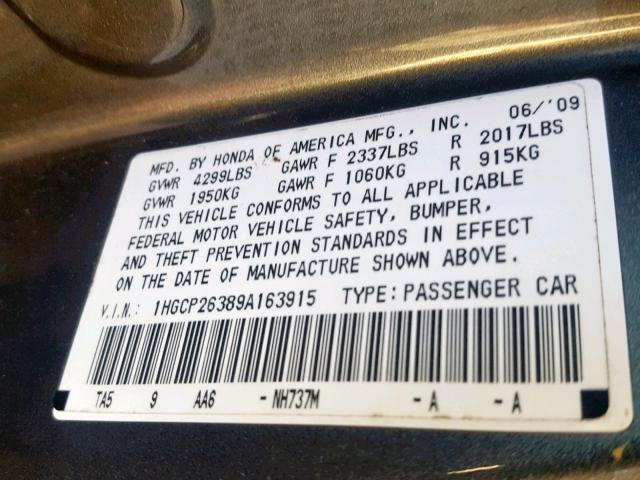 1HGCP26389A163915 - 2009 HONDA ACCORD LX GRAY photo 10