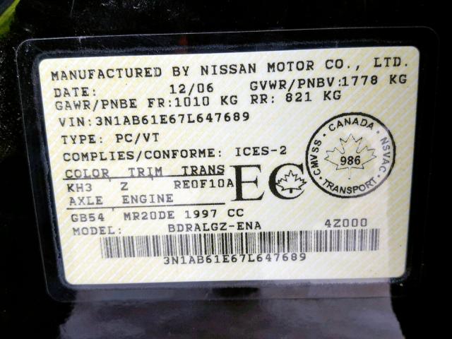 3N1AB61E67L647689 - 2007 NISSAN SENTRA 2.0 BLACK photo 10