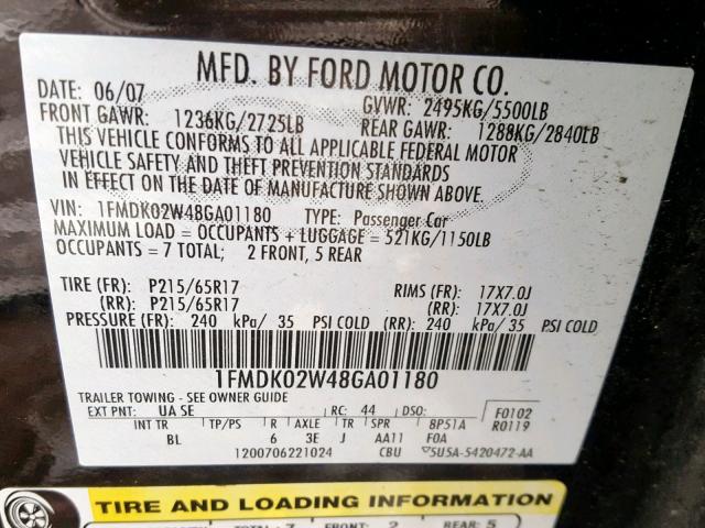 1FMDK02W48GA01180 - 2008 FORD TAURUS X S BLACK photo 10