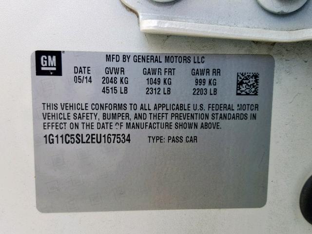 1G11C5SL2EU167534 - 2014 CHEVROLET MALIBU 1LT თეთრი ფოტო 10