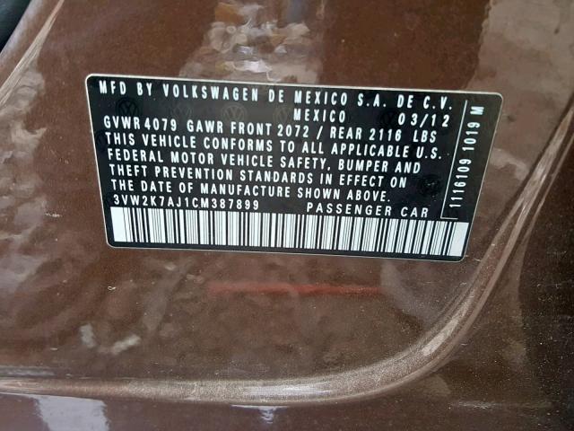 3VW2K7AJ1CM387899 - 2012 VOLKSWAGEN JETTA BASE 棕色 照片 10