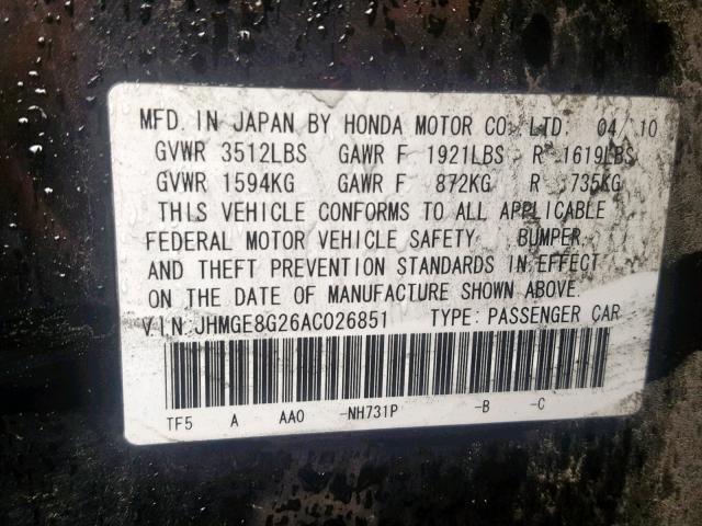 JHMGE8G26AC026851 - 2010 HONDA FIT GRAY photo 10