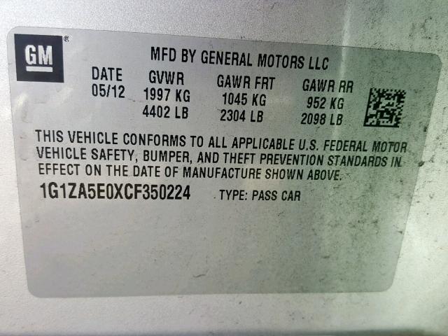 1G1ZA5E0XCF350224 - 2012 CHEVROLET MALIBU LS 银色 照片 10