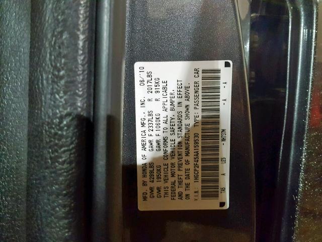 1HGCP2F45AA159530 - 2010 HONDA ACCORD LXP GRAY photo 10