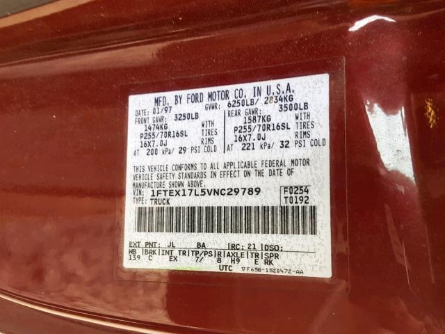 1FTEX17L5VNC29789 - 1997 FORD F150 RED photo 10