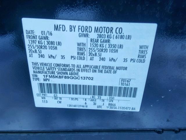 1FM5K8F89GGC13702 - 2016 FORD EXPLORER L BLACK photo 10