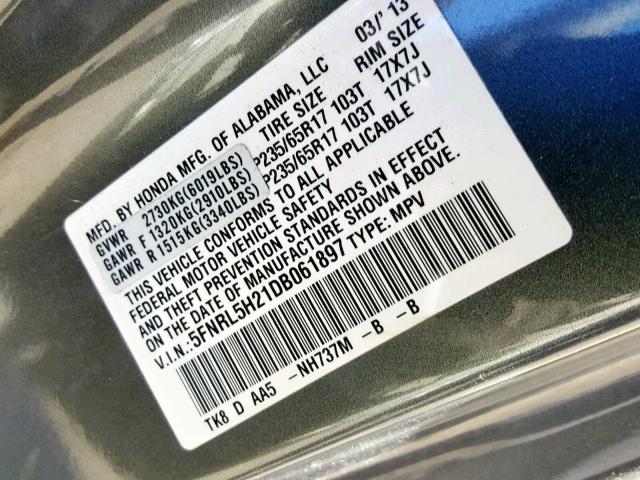 5FNRL5H21DB061897 - 2013 HONDA ODYSSEY LX GRAY photo 10