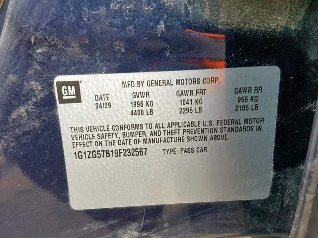 1G1ZG57B19F232567 - 2009 CHEVROLET MALIBU LS BLUE photo 10