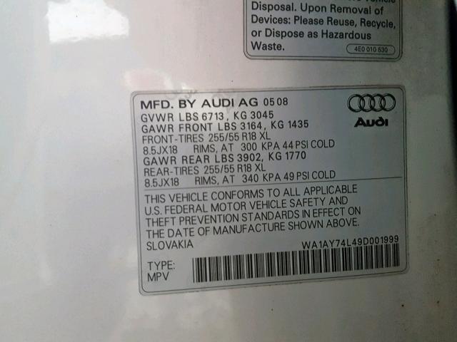 WA1AY74L49D001999 - 2009 AUDI Q7 3.6 QUA SILVER photo 10