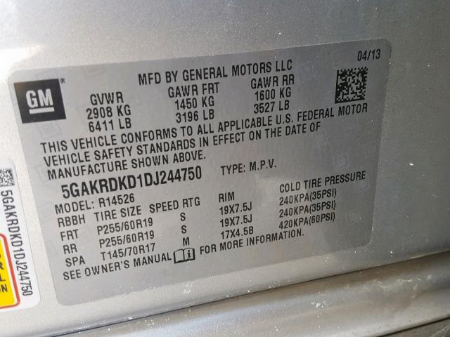 5GAKRDKD1DJ244750 - 2013 BUICK ENCLAVE SILVER photo 10