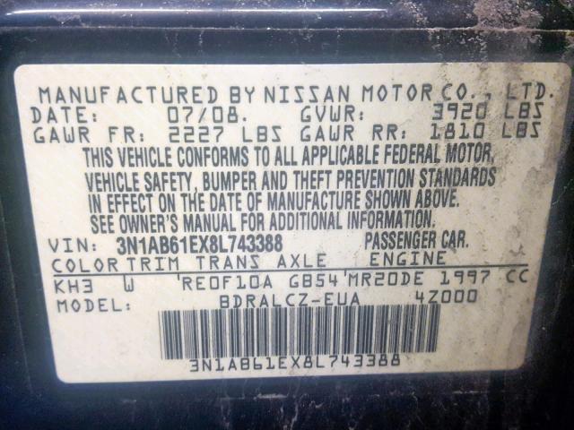 3N1AB61EX8L743388 - 2008 NISSAN SENTRA 2.0 BLACK photo 10