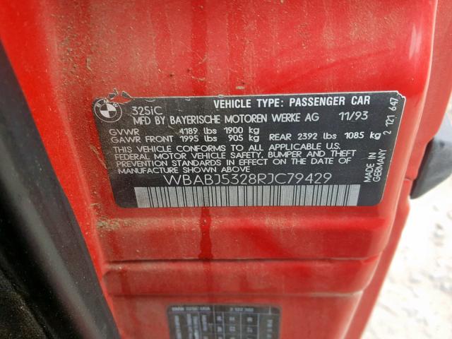 WBABJ5328RJC79429 - 1994 BMW 325 IC RED photo 10