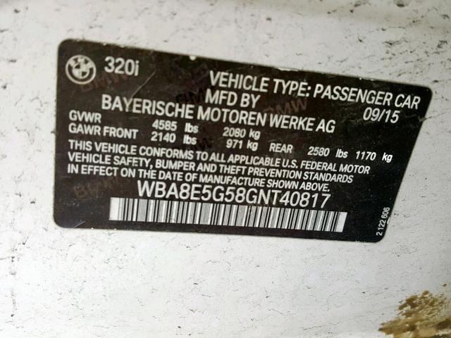 WBA8E5G58GNT40817 - 2016 BMW 320 XI WHITE photo 10