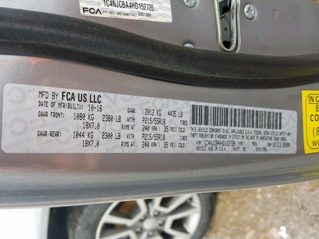 1C4NJCBA4HD152720 - 2017 JEEP COMPASS SP ნაცრისფერი ფოტო 10