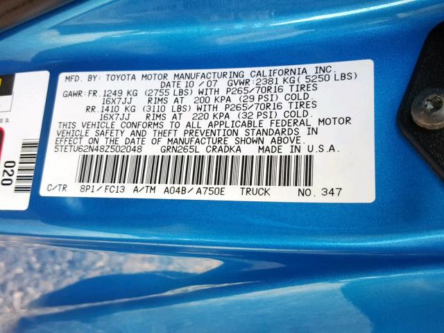 5TETU62N48Z502048 - 2008 TOYOTA TACOMA PRE BLUE photo 10