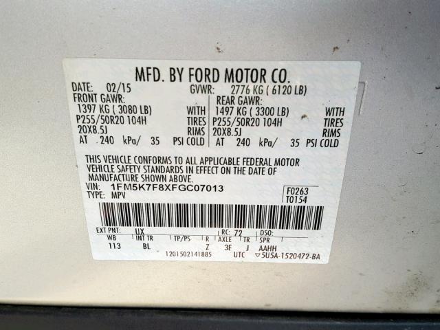 1FM5K7F8XFGC07013 - 2015 FORD EXPLORER L SILVER photo 10