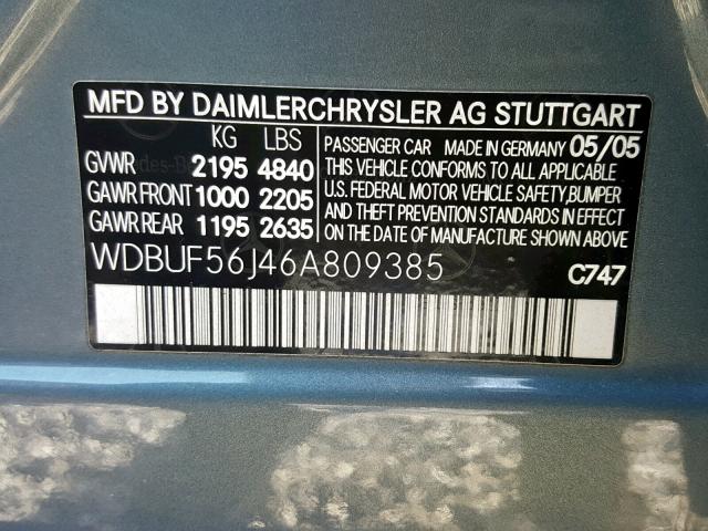 WDBUF56J46A809385 - 2006 MERCEDES-BENZ E 350 BLUE photo 10