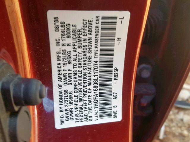 1HGFA16908L117074 - 2008 HONDA CIVIC EXL BURGUNDY photo 10