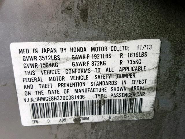 JHMGE8H32DC081406 - 2013 HONDA FIT SILVER photo 10