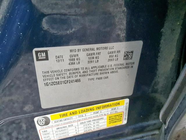 1G1ZC5E01CF241466 - 2012 CHEVROLET MALIBU 1LT 蓝色 照片 10