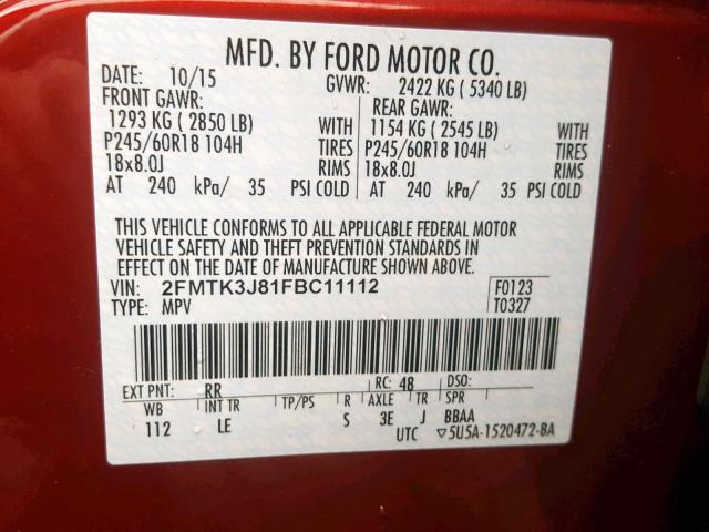 2FMTK3J81FBC11112 - 2015 FORD EDGE SEL RED photo 10