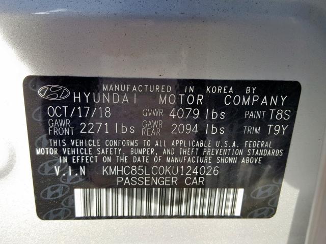 KMHC85LC0KU124026 - 2019 HYUNDAI IONIQ LIMI SILVER photo 10