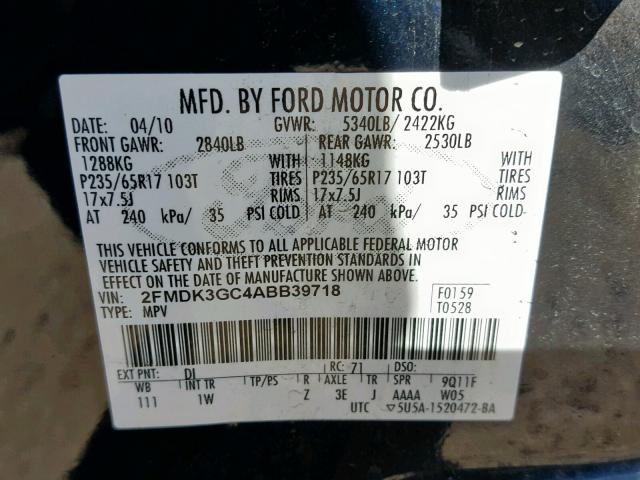 2FMDK3GC4ABB39718 - 2010 FORD EDGE SE BLUE photo 10