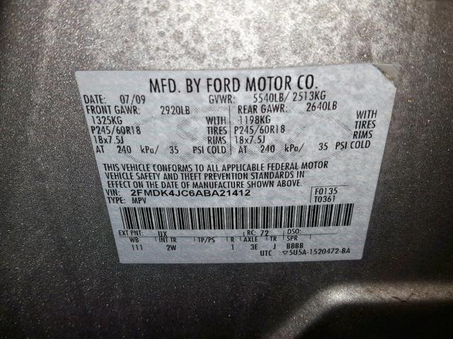 2FMDK4JC6ABA21412 - 2010 FORD EDGE SEL SILVER photo 10