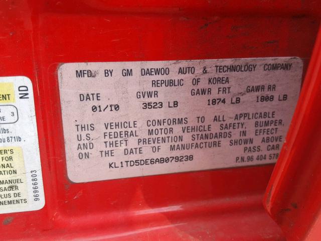 KL1TD5DE6AB079238 - 2010 CHEVROLET AVEO LS RED photo 10