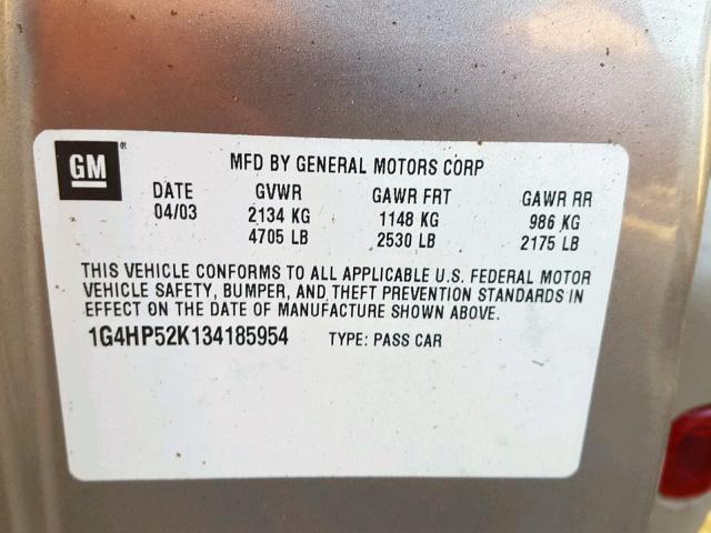 1G4HP52K134185954 - 2003 BUICK LESABRE CU TAN photo 10