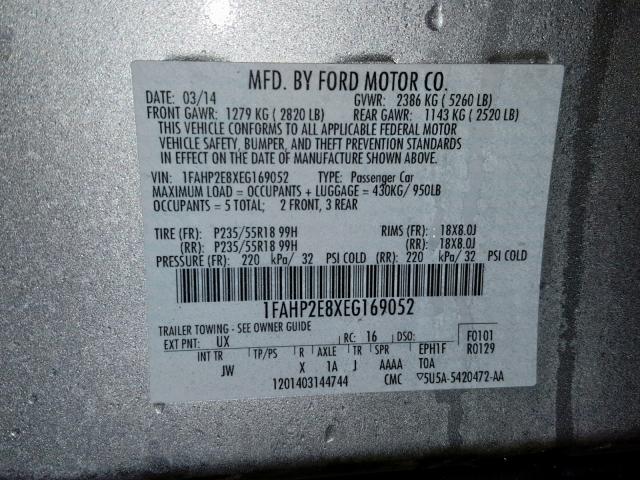 1FAHP2E8XEG169052 - 2014 FORD TAURUS SEL SILVER photo 10