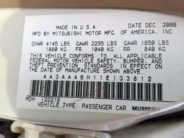 4A3AA46H11E133812 - 2001 MITSUBISHI GALANT ES WHITE photo 10