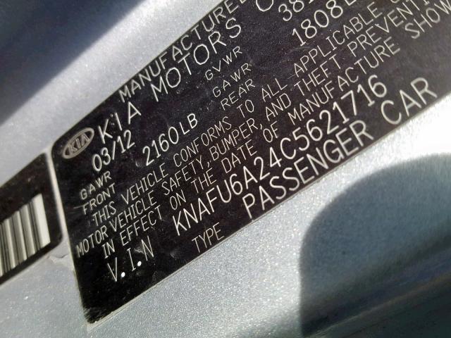 KNAFU6A24C5621716 - 2012 KIA FORTE EX SILVER photo 10